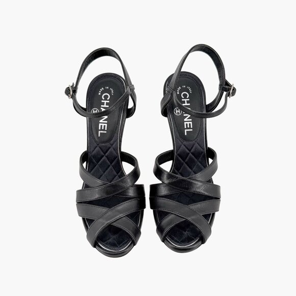 Chanel Black Leather Crystal CC Strappy Heeled Sandals Shoes Size 37 US 6–6.5 - Picture 2 of 13